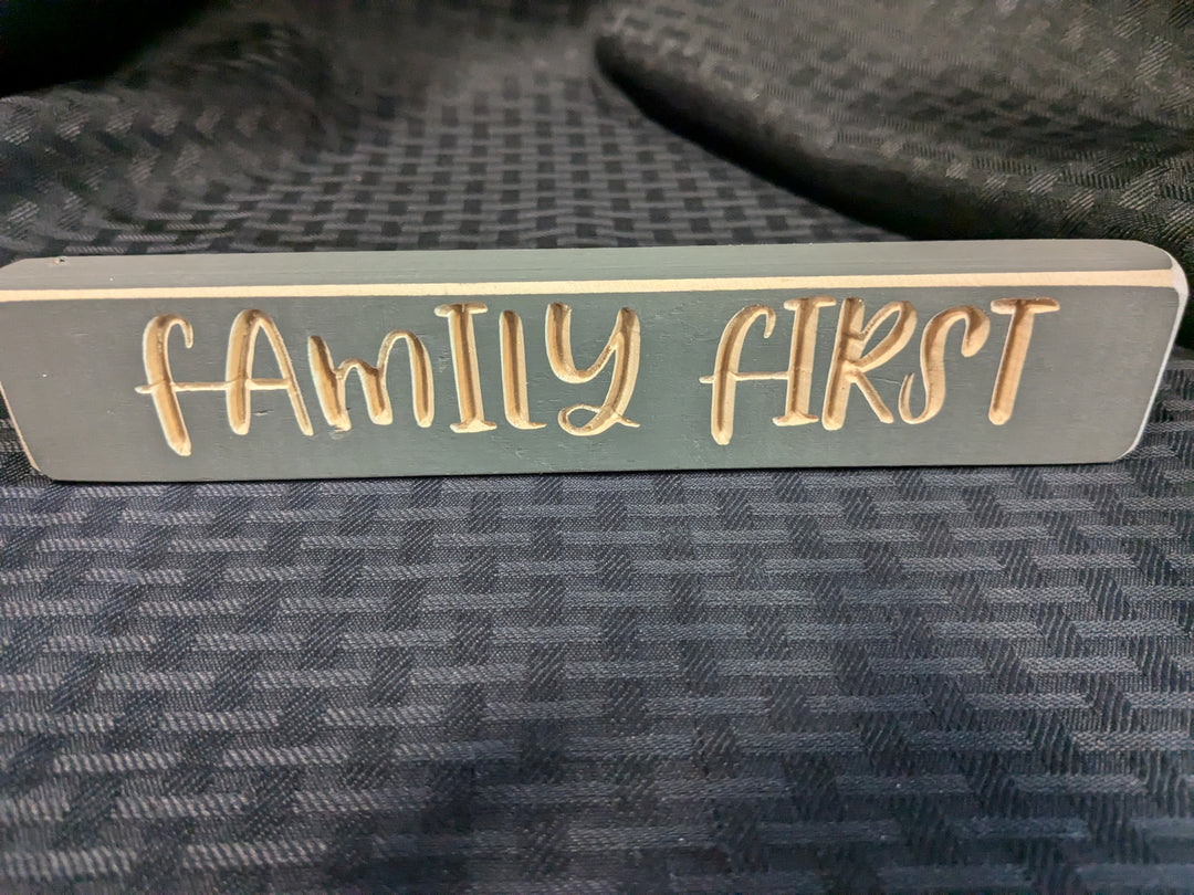 Family First engraved block photo frame – handcrafted, rustic painted wood block with 'Family First' engraved in elegant script. Perfect for displaying family photos or as a decorative accent in living spaces. Ideal family gift or home decor piece.