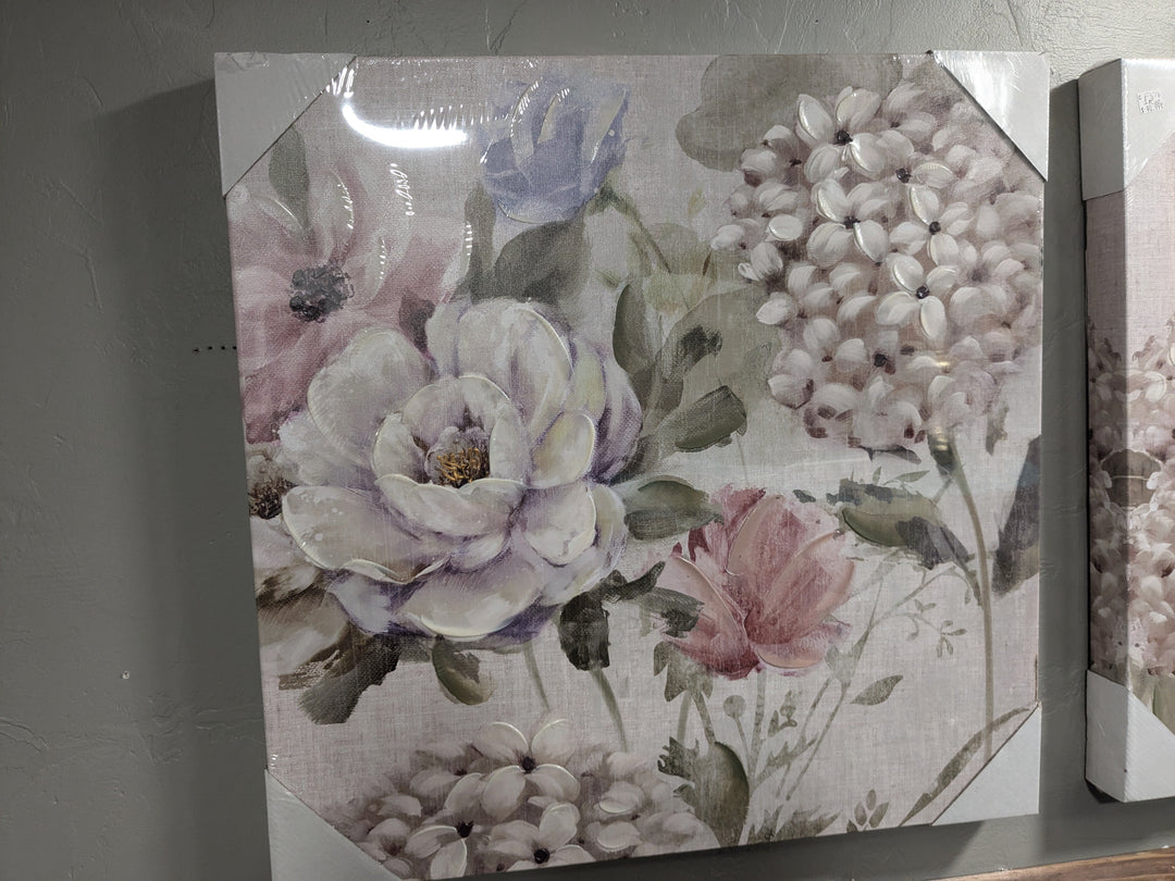huge pastel flowers and lilac blossoms on canvas