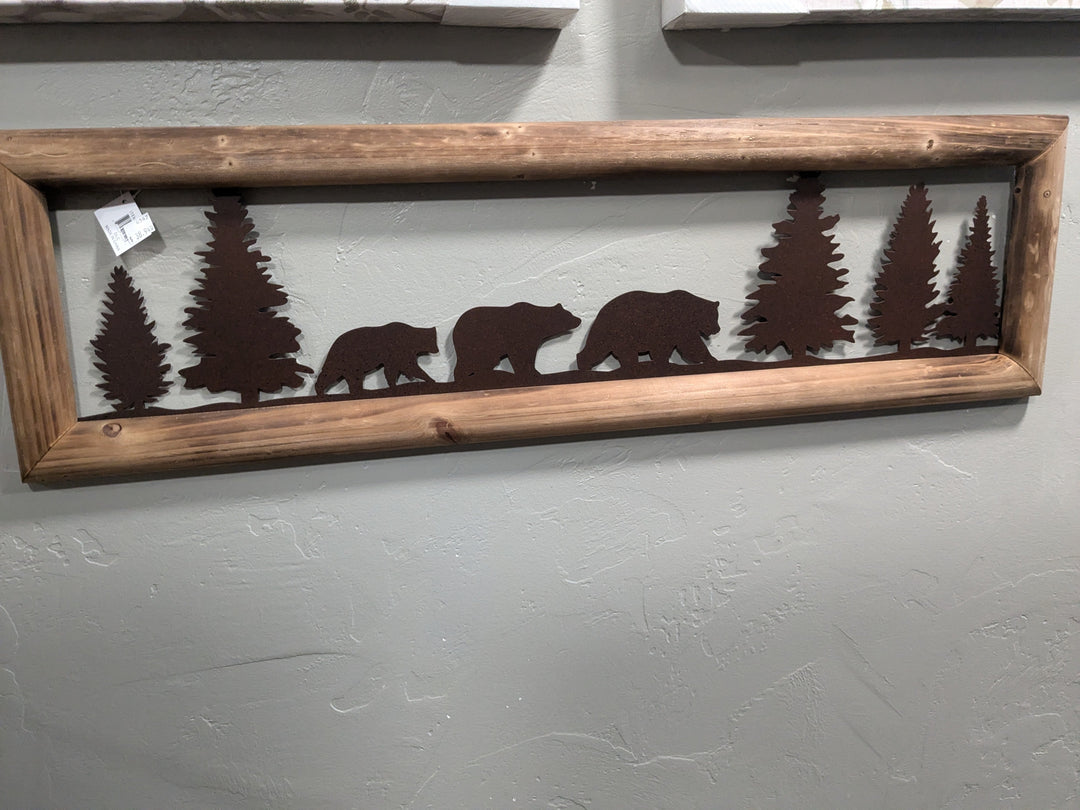 Bear Family Metal and Wood Wall Art – a beautifully crafted decor piece showcasing a bear family design made from durable metal and rustic wood, perfect for adding a nature-inspired touch to your home.