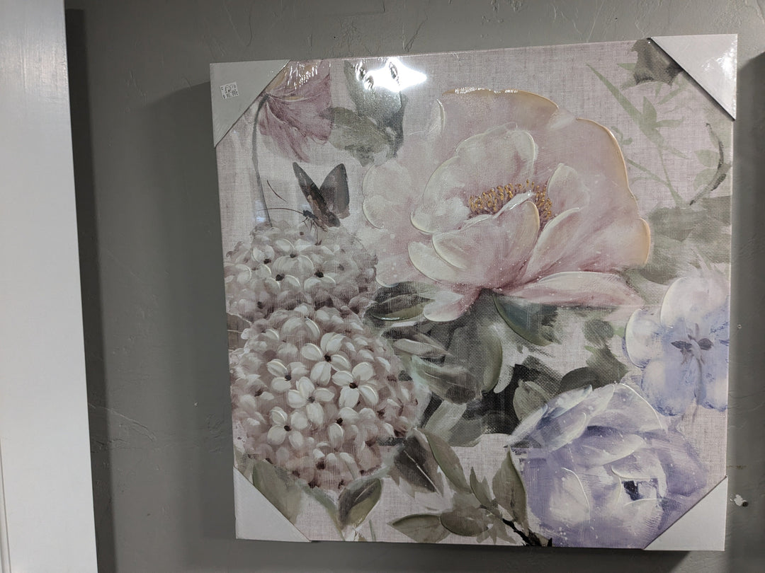 huge pastel flowers and lilac blossoms on canvas