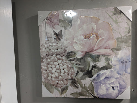 huge pastel flowers and lilac blossoms on canvas