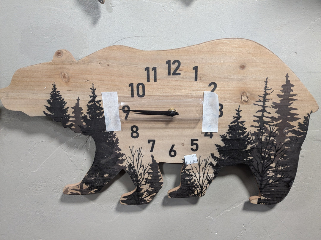 Bear Wood Wall Clock – a beautifully crafted wooden clock featuring an intricate bear silhouette, perfect for adding rustic charm and functional decor to your home.